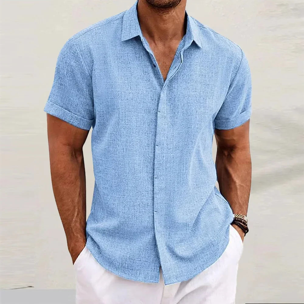 Loose Cotton Linen Men's Short Sleeve Shirt Beach Casual Pure Color T-Shirt Large Size Men's Summer Breathable Shirt