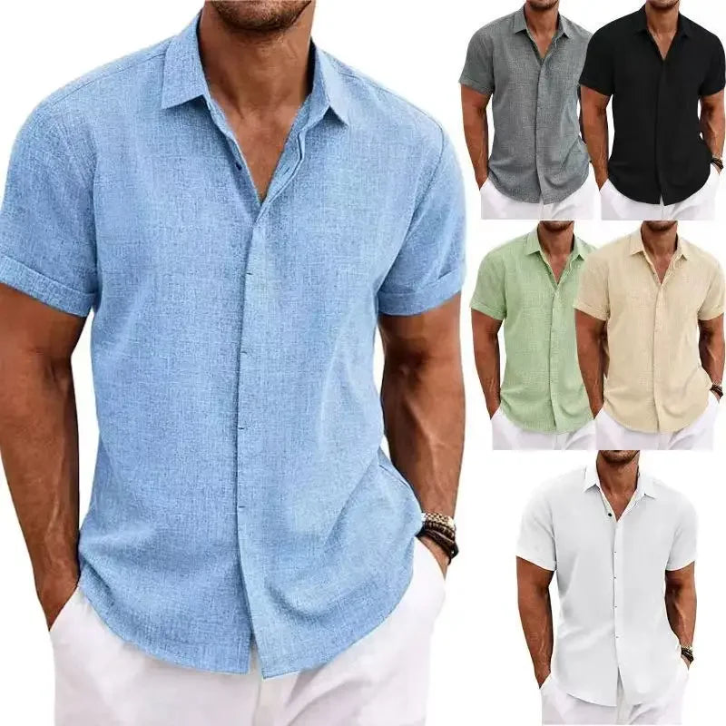Loose Cotton Linen Men's Short Sleeve Shirt Beach Casual Pure Color T-Shirt Large Size Men's Summer Breathable Shirt