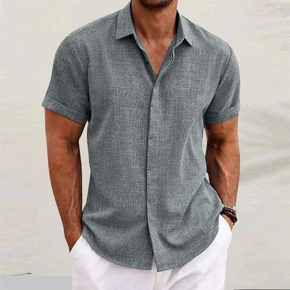 Loose Cotton Linen Men's Short Sleeve Shirt Beach Casual Pure Color T-Shirt Large Size Men's Summer Breathable Shirt