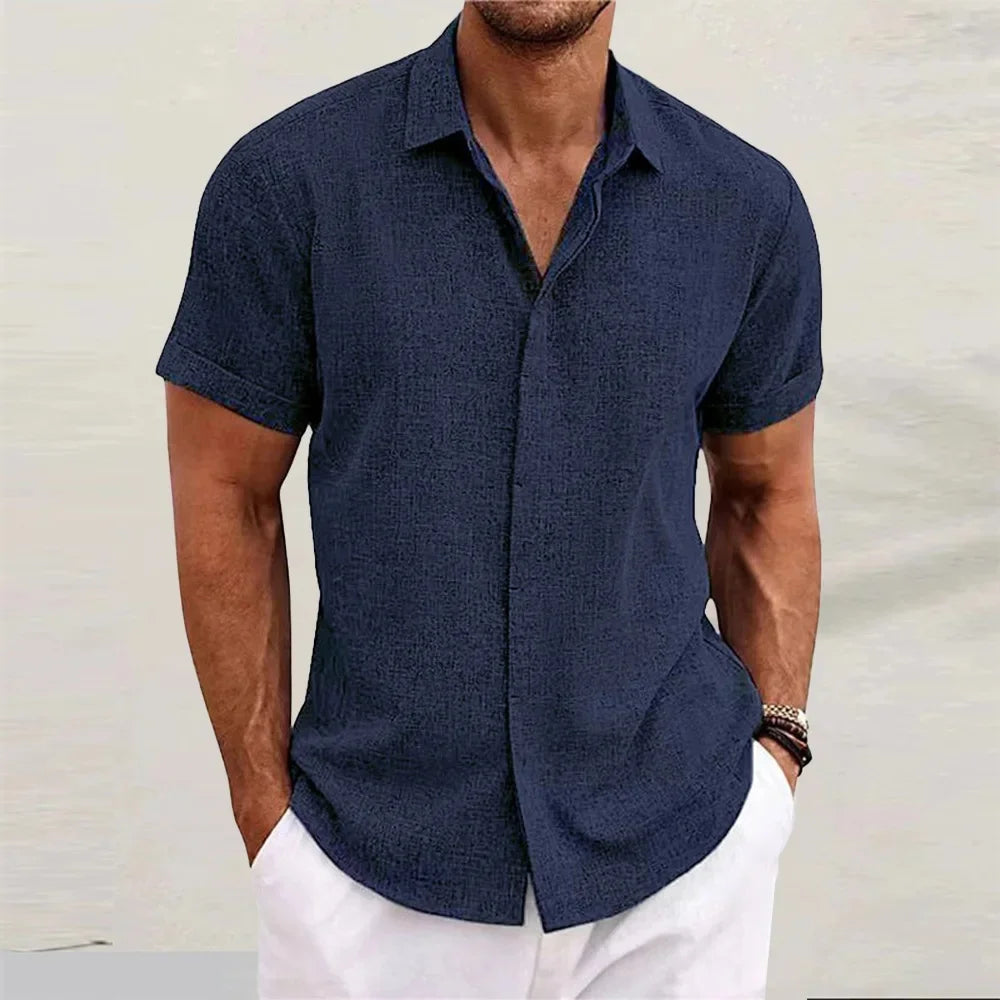 Loose Cotton Linen Men's Short Sleeve Shirt Beach Casual Pure Color T-Shirt Large Size Men's Summer Breathable Shirt
