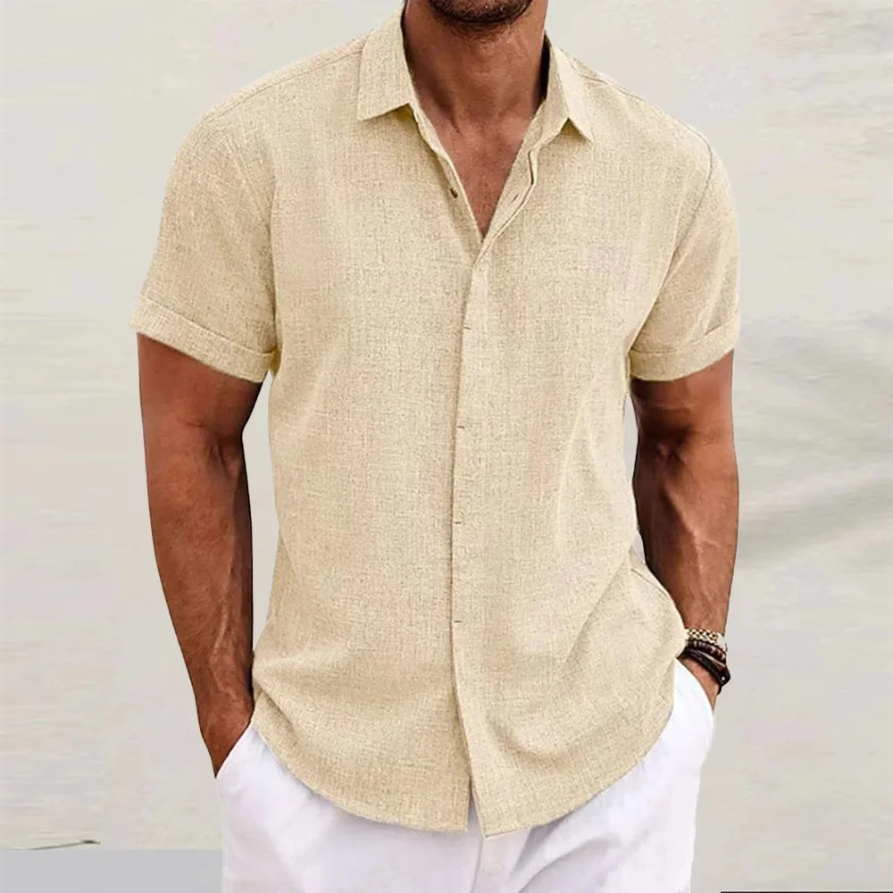 Loose Cotton Linen Men's Short Sleeve Shirt Beach Casual Pure Color T-Shirt Large Size Men's Summer Breathable Shirt