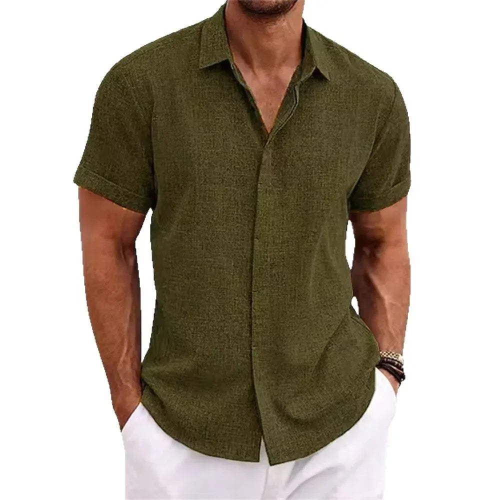 Loose Cotton Linen Men's Short Sleeve Shirt Beach Casual Pure Color T-Shirt Large Size Men's Summer Breathable Shirt