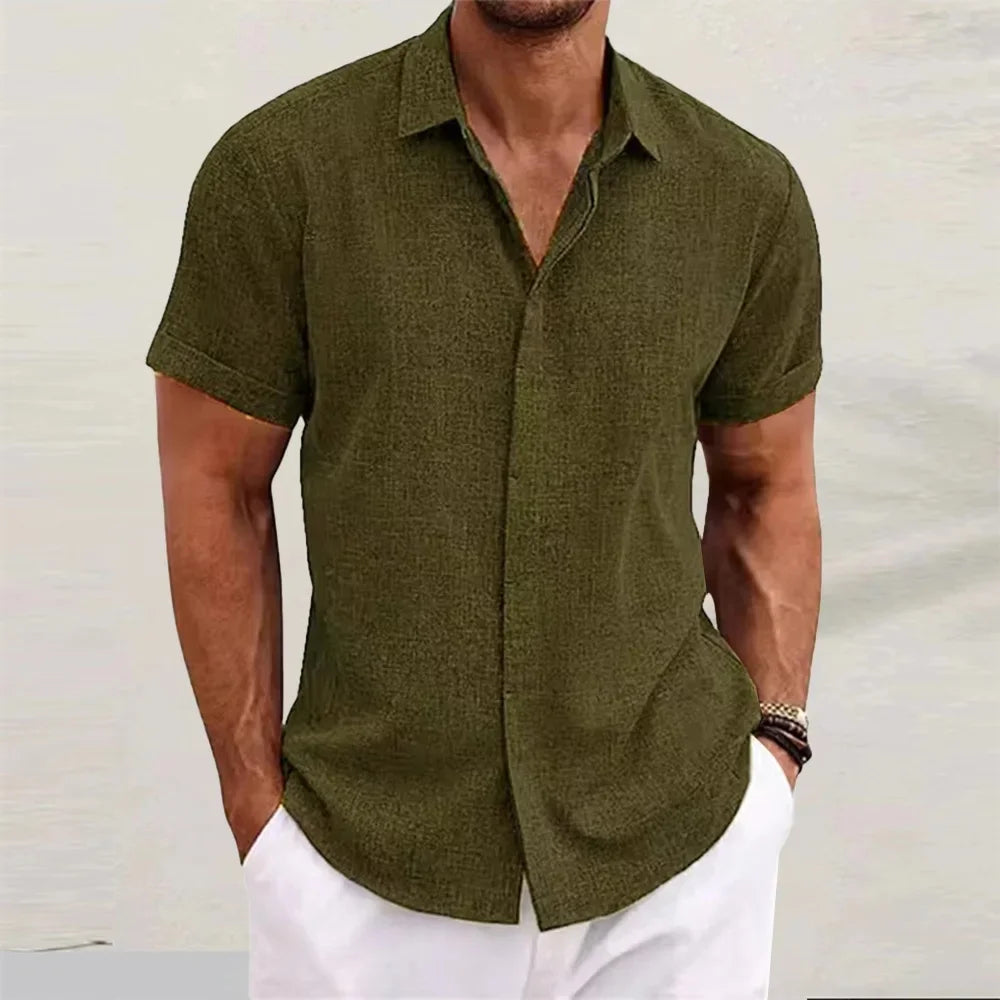 Loose Cotton Linen Men's Short Sleeve Shirt Beach Casual Pure Color T-Shirt Large Size Men's Summer Breathable Shirt