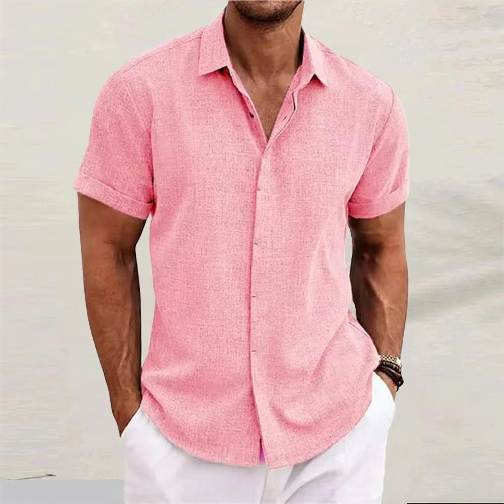 Loose Cotton Linen Men's Short Sleeve Shirt Beach Casual Pure Color T-Shirt Large Size Men's Summer Breathable Shirt